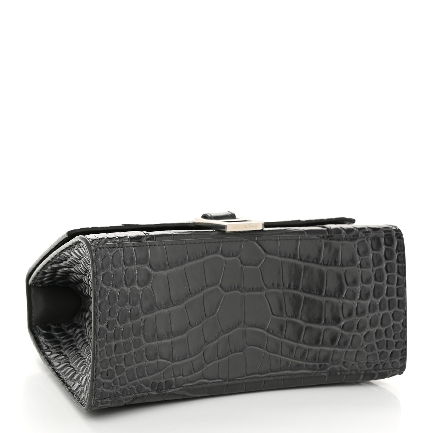 Shiny Calfskin Crocodile Embossed Small Hourglass Top Handle Bag Dark Grey