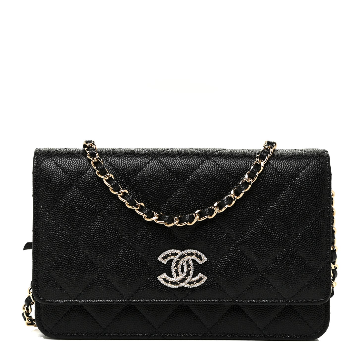 Caviar Quilted Crystal CC Wallet On Chain WOC Black