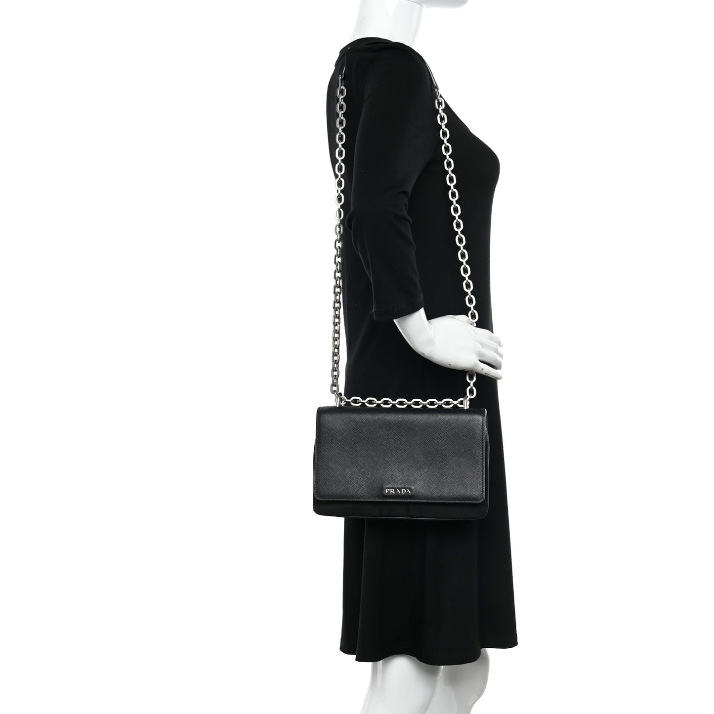 Saffiano Tessuto Nylon Chain Shoulder Bag Black