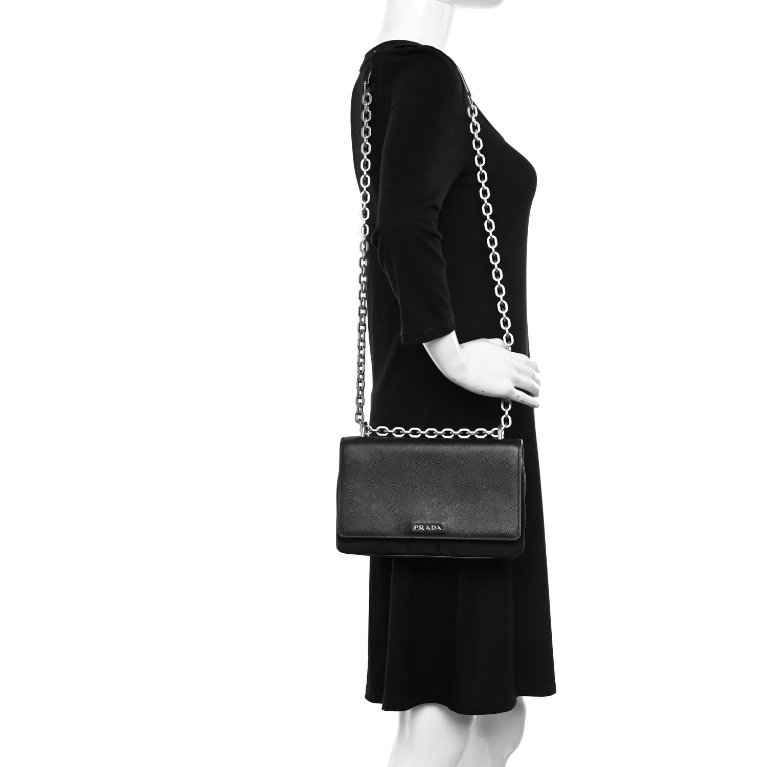 Prada Saffiano Tessuto Nylon Chain Shoulder Bag Black 2 of 11