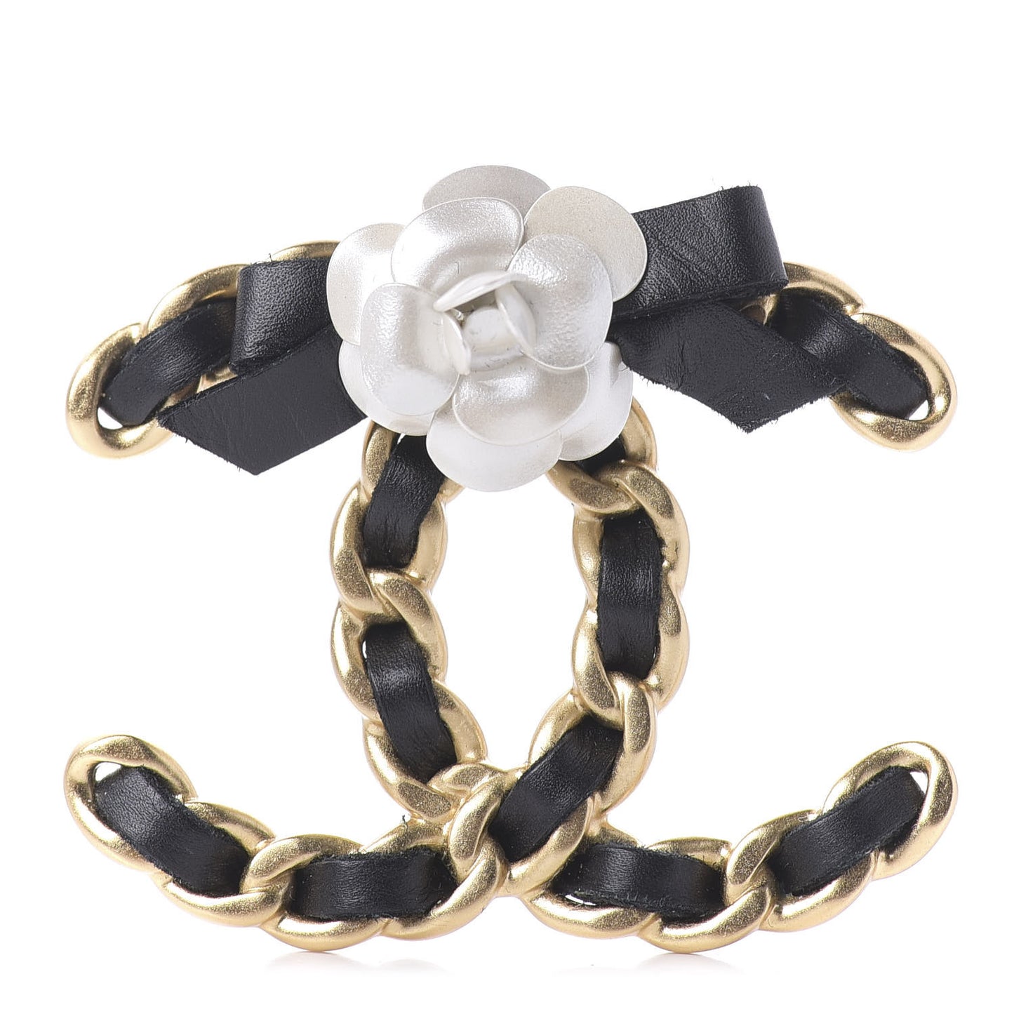 Metal Calfskin Chain 90's Camellia Brooch Black Gold