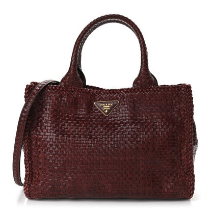 Prada Goatskin Woven Small Tote Burgundy 1 of 11