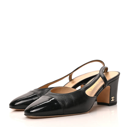 Chanel Textured Calfskin Glazed Goatskin Cap Toe CC Slingback Pumps 35 Black 3 of 8