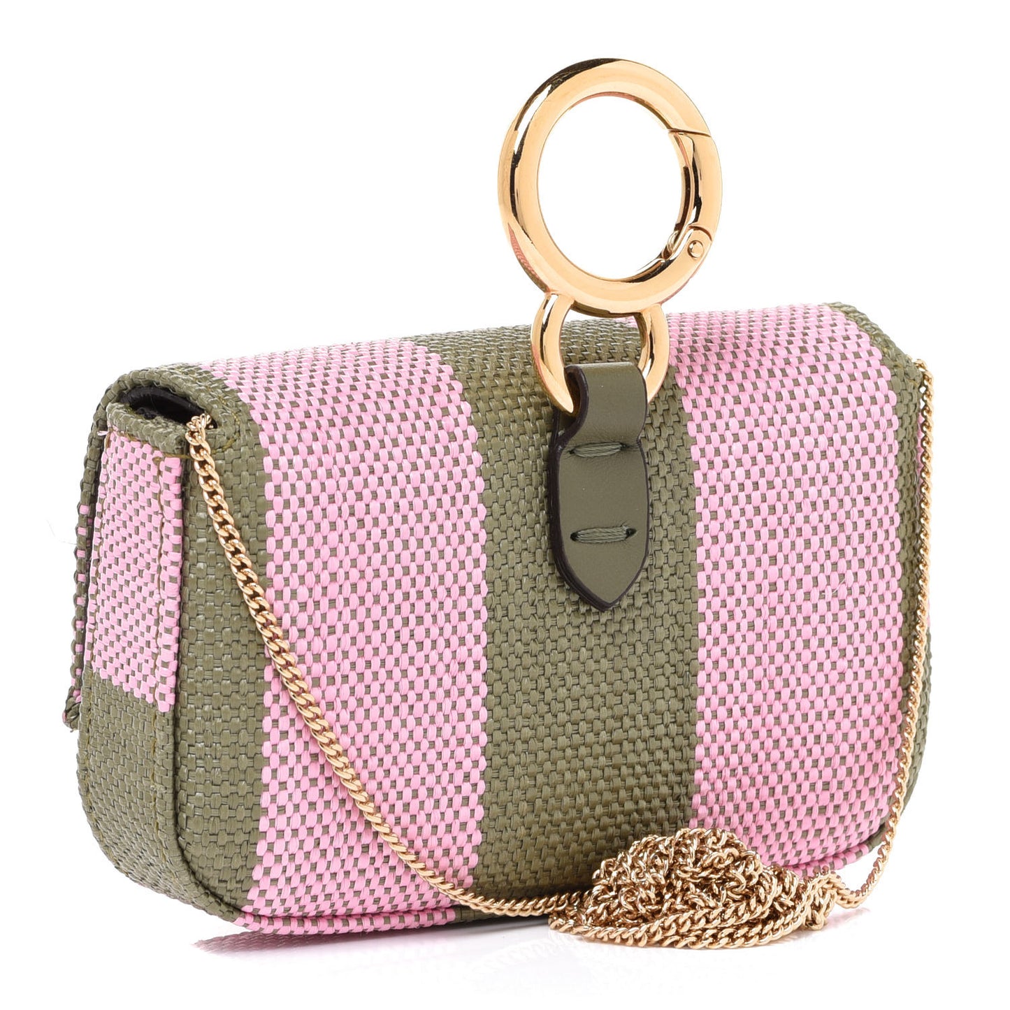 Raffia Pequin Gingham Woven Nano Baguette Charm Verde Militare Rosa