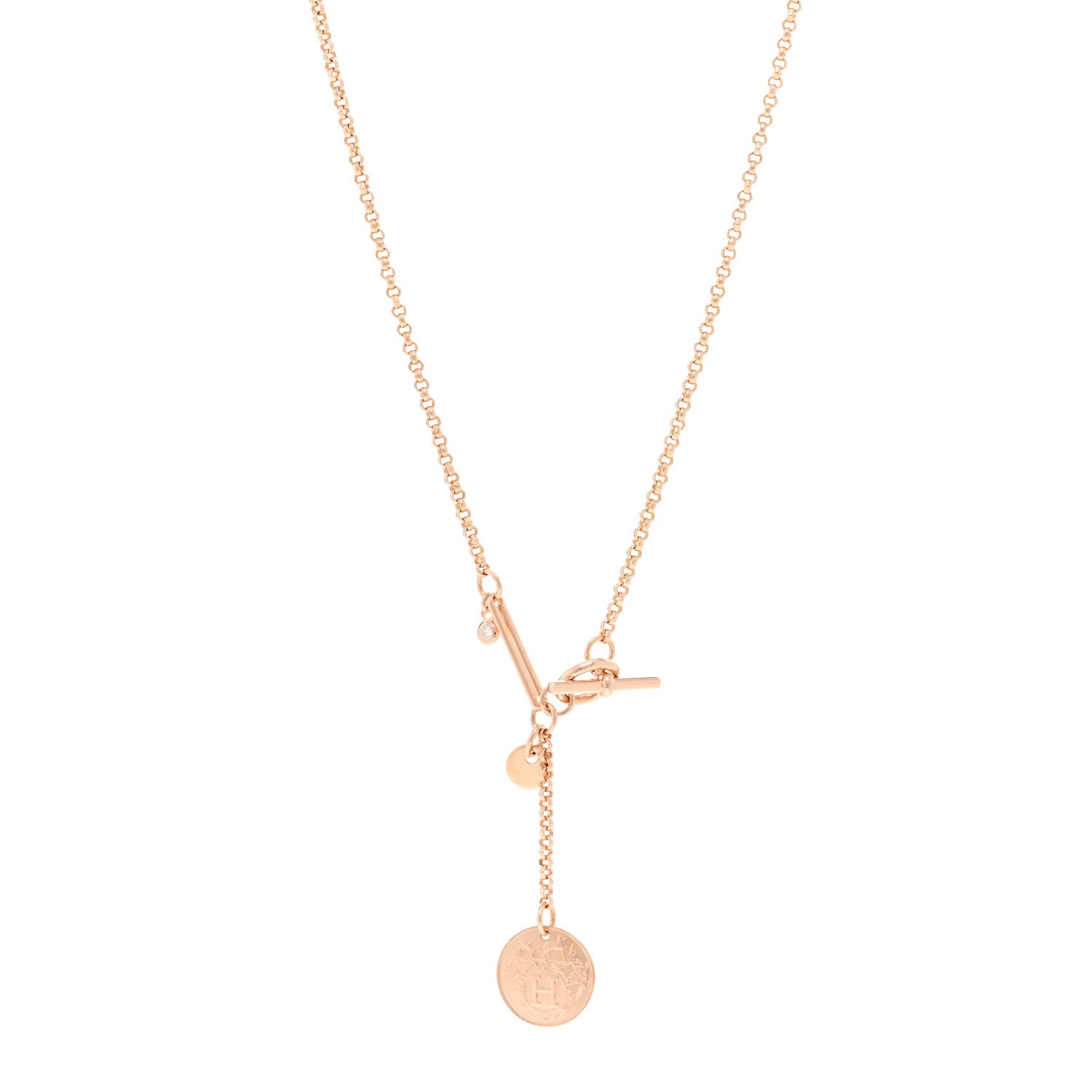 Hermes 18K Rose Gold Diamond MM Ex-Libris Pendant Necklace 1 of 5