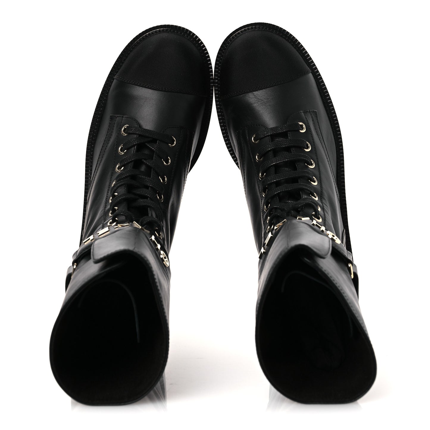 Calfskin Grosgrain Lace Up Combat Boots 38.5 Black