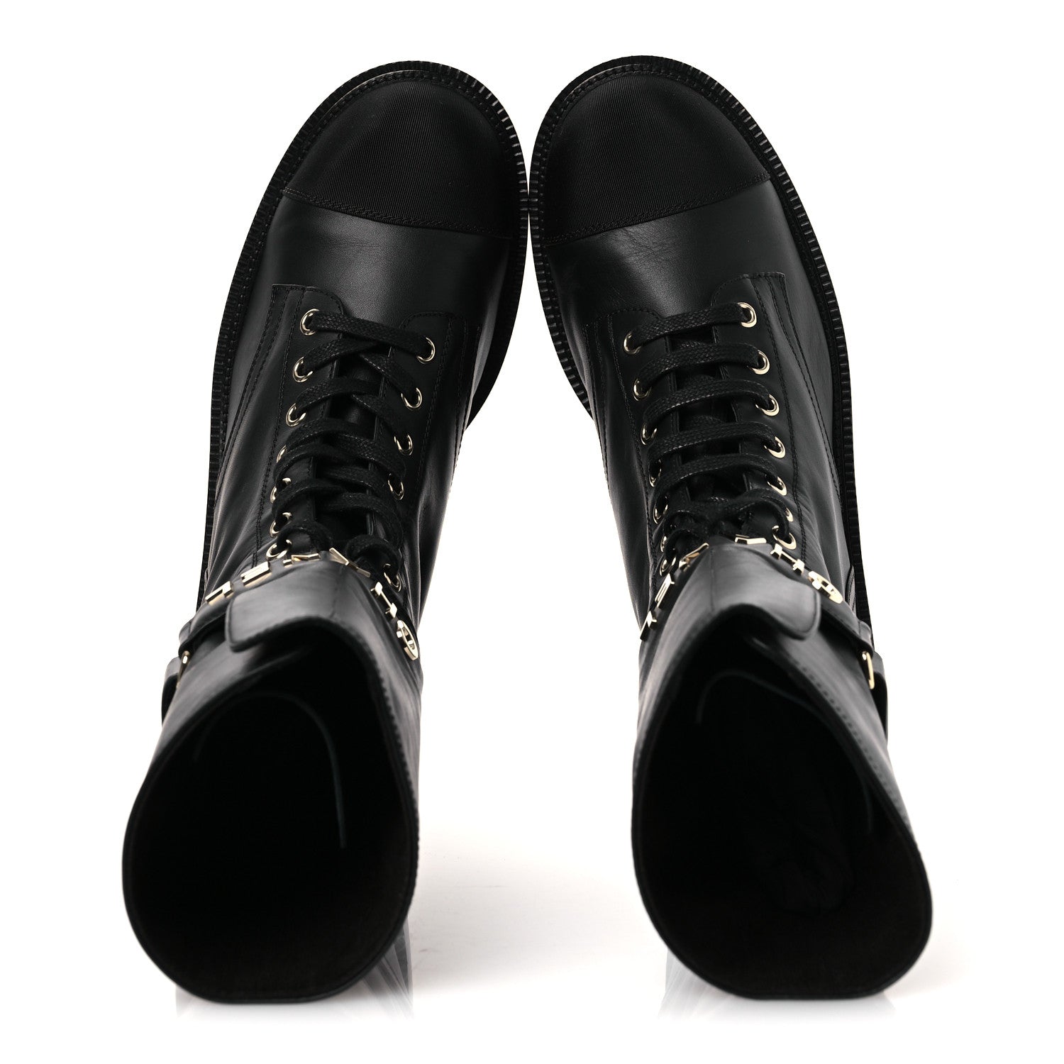 Chanel Calfskin Grosgrain Lace Up Combat Boots 38.5 Black 2 of 12
