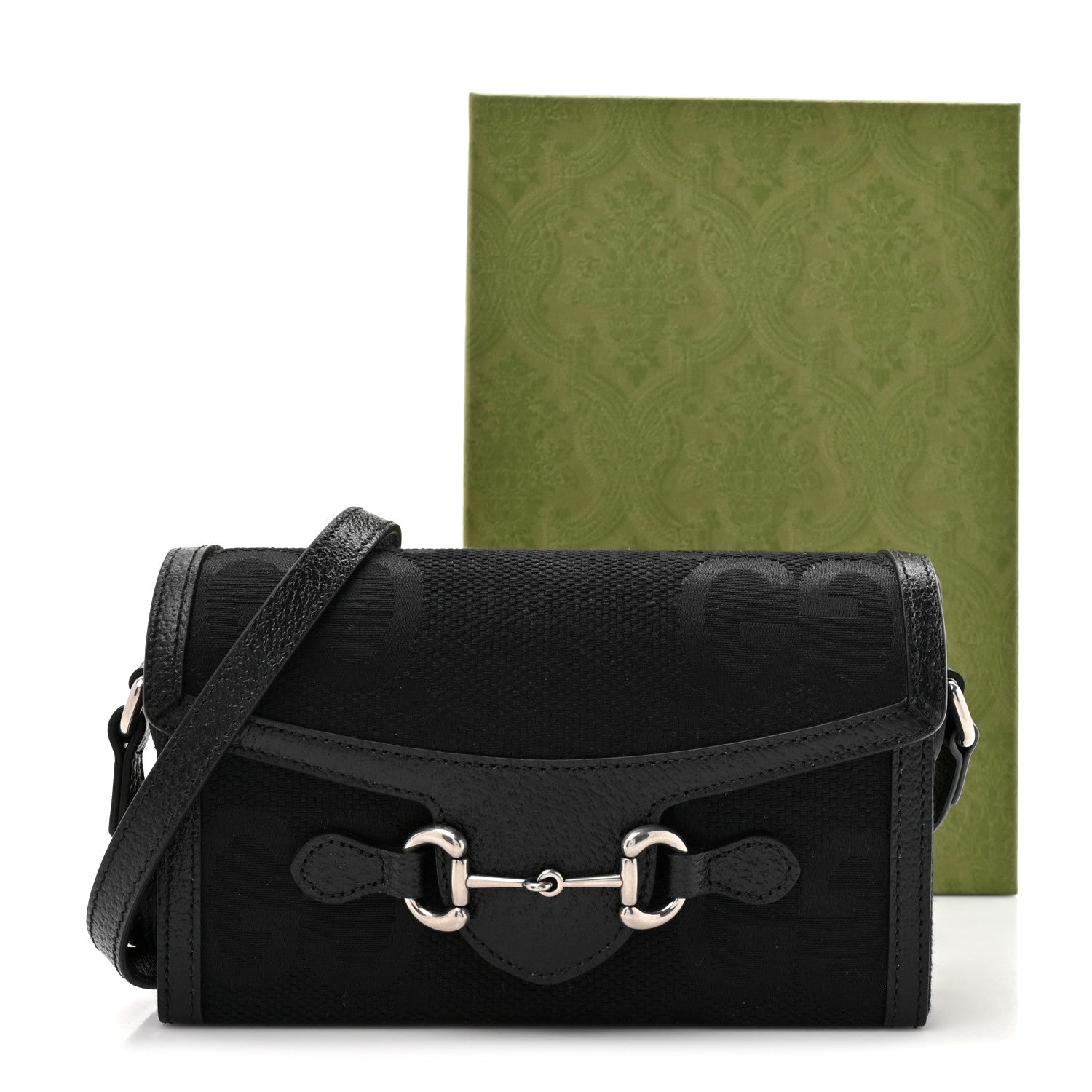 Gucci Monogram Jumbo GG Textured Dollar Calfskin Mini Horsebit 1955 Shoulder Bag Black 11 of 11