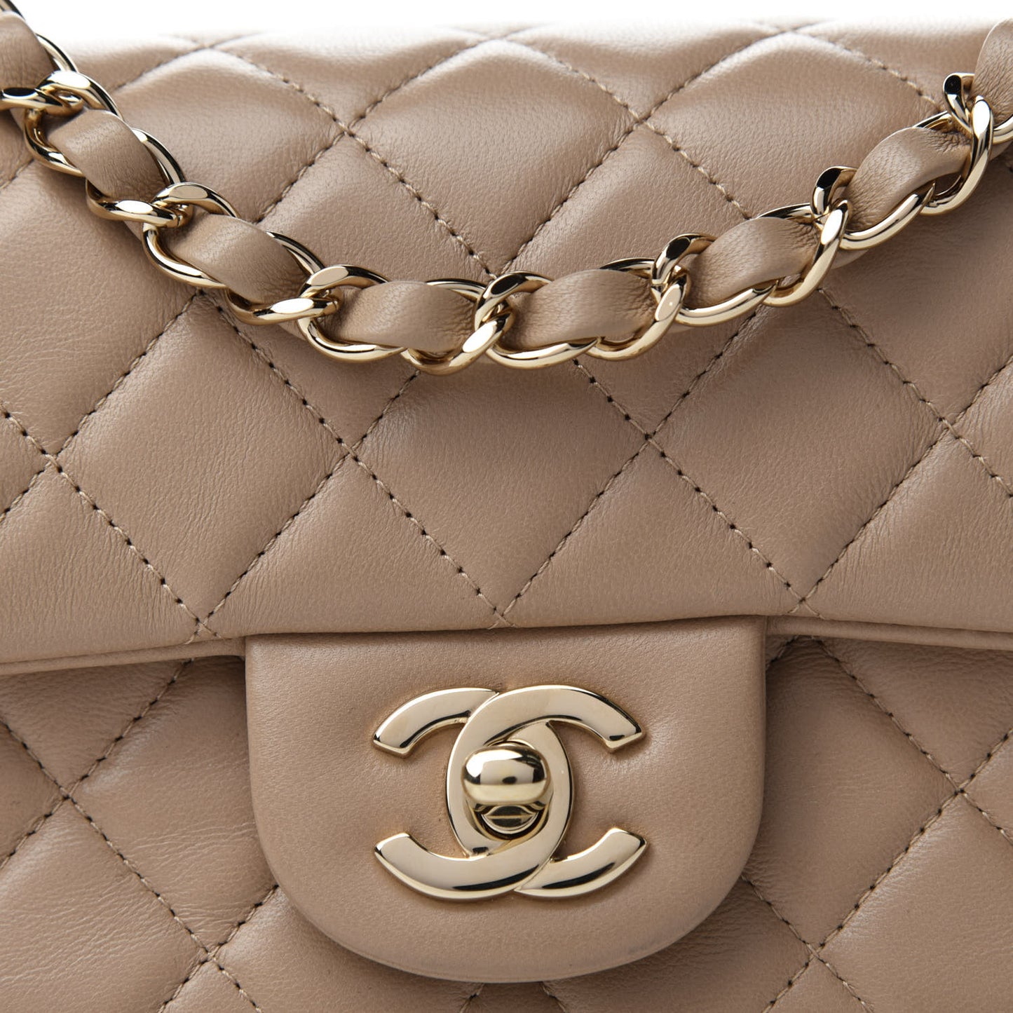 Lambskin Quilted Mini Rectangular Flap Dark Beige