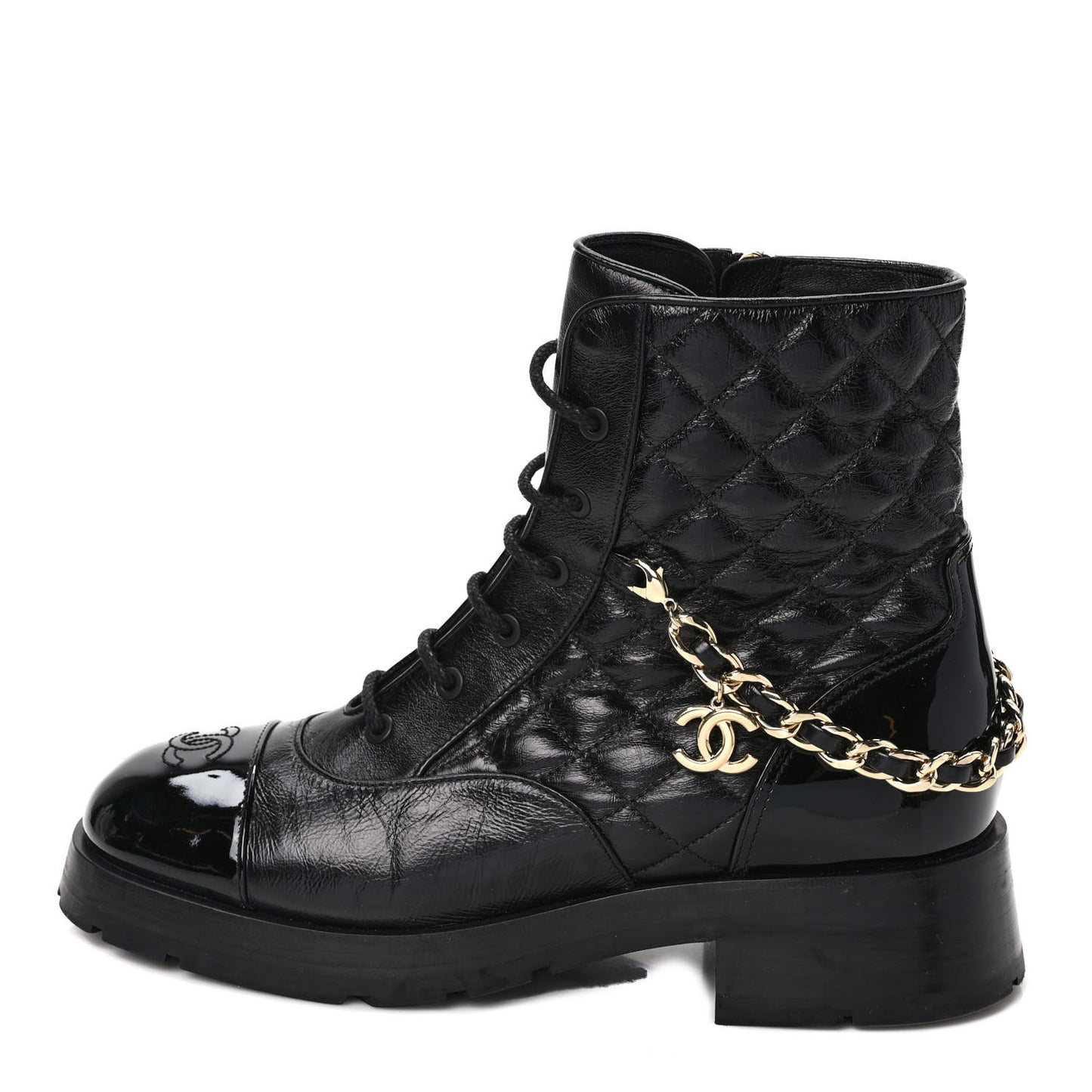 Shiny Calfskin Patent Quilted Chain Lace Up Combat Boots 40.5 Black