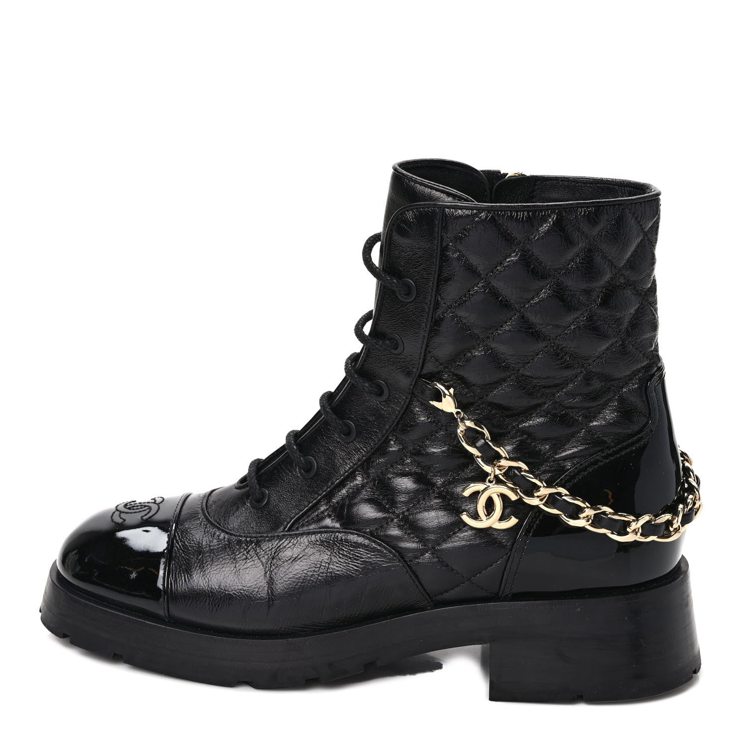Chanel Shiny Calfskin Patent Quilted Chain Lace Up Combat Boots 40.5 Black 1 of 9