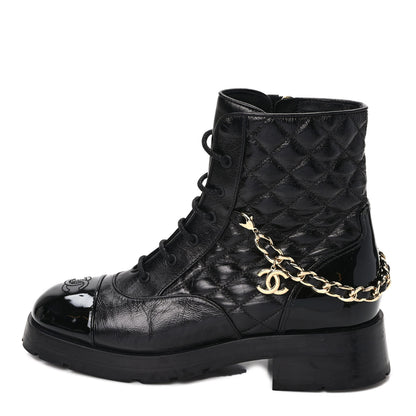 Chanel Shiny Calfskin Patent Quilted Chain Lace Up Combat Boots 40.5 Black 1 of 9
