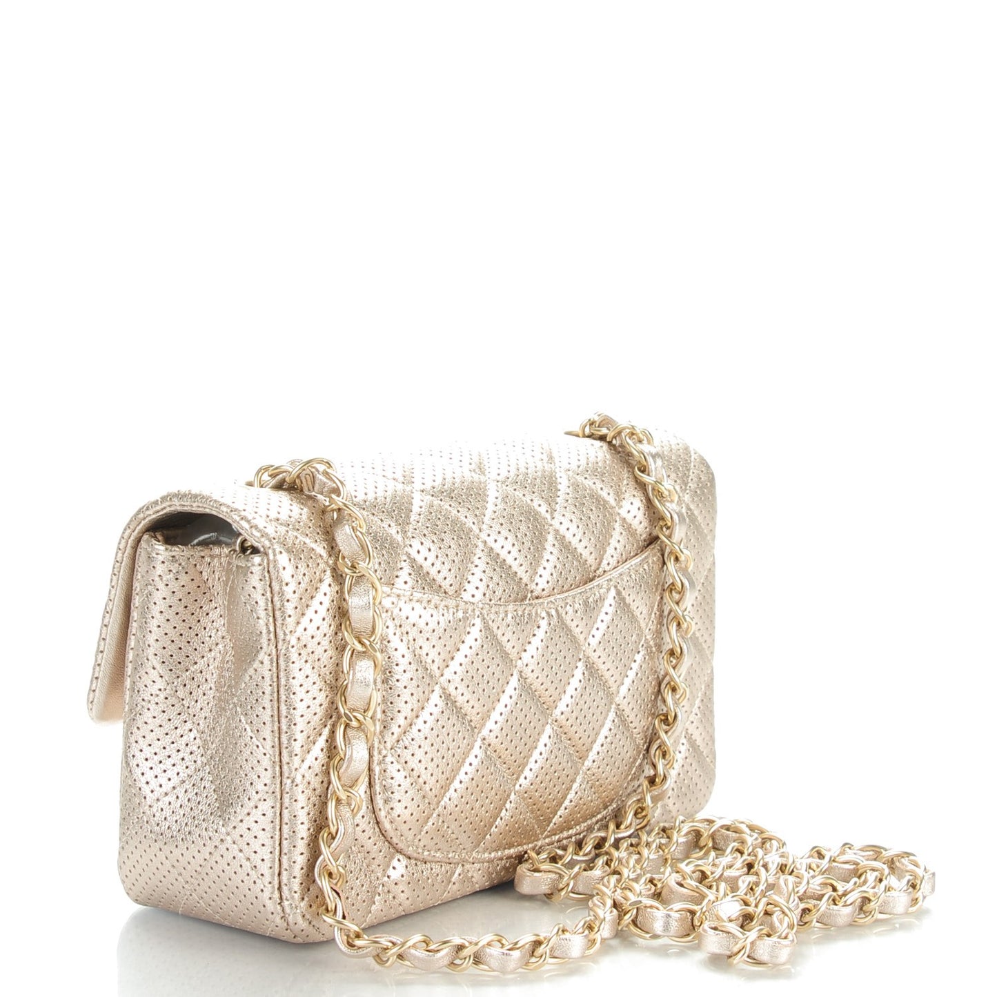 Metallic Lambskin Perforated Mini Rectangular Flap Light Gold
