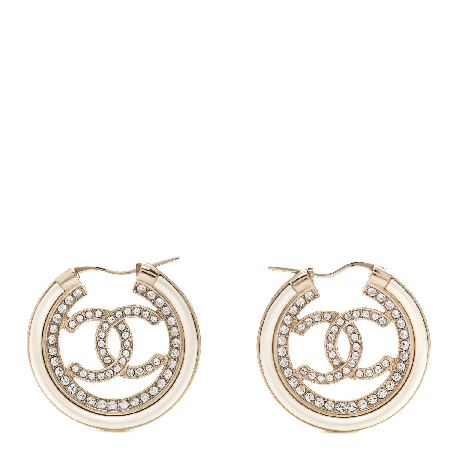 Chanel Metal Crystal Strass CC Hoop Earrings Gold 1 of 4