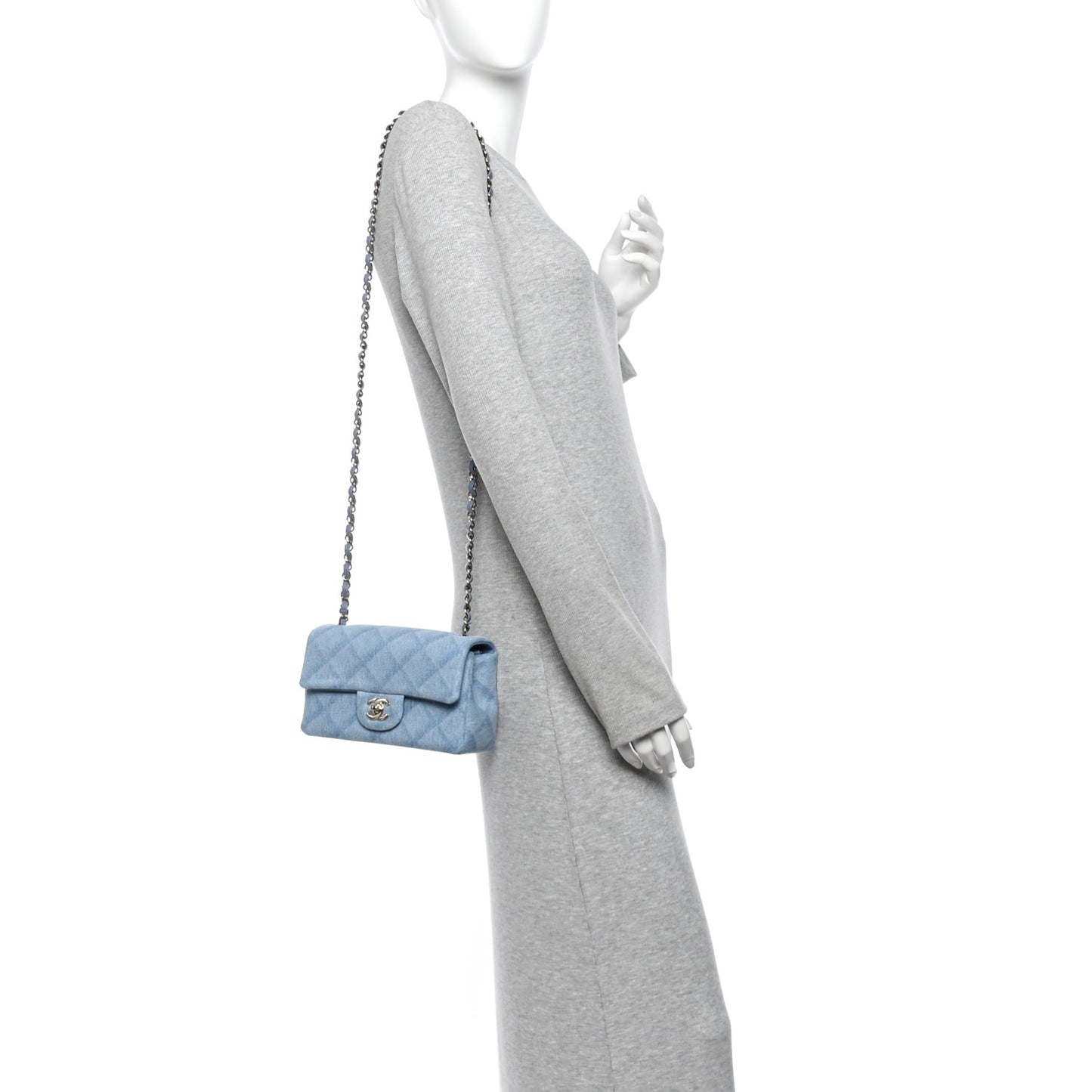 Printed Denim Quilted Mini Rectangular Flap Light Blue