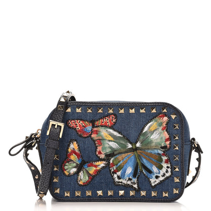 Valentino Garavani Denim Butterfly Embroidered Rockstud Camera Crossbody Bag Light Denim Multicolor 1 of 8