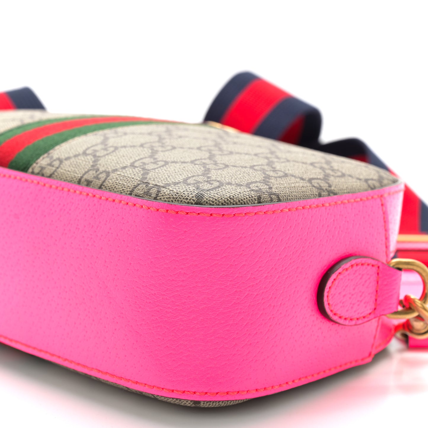 GG Supreme Monogram Textured Dollar Calfskin Web Ophidia Small Crossbody Bag Beige Ebony Fuchsia