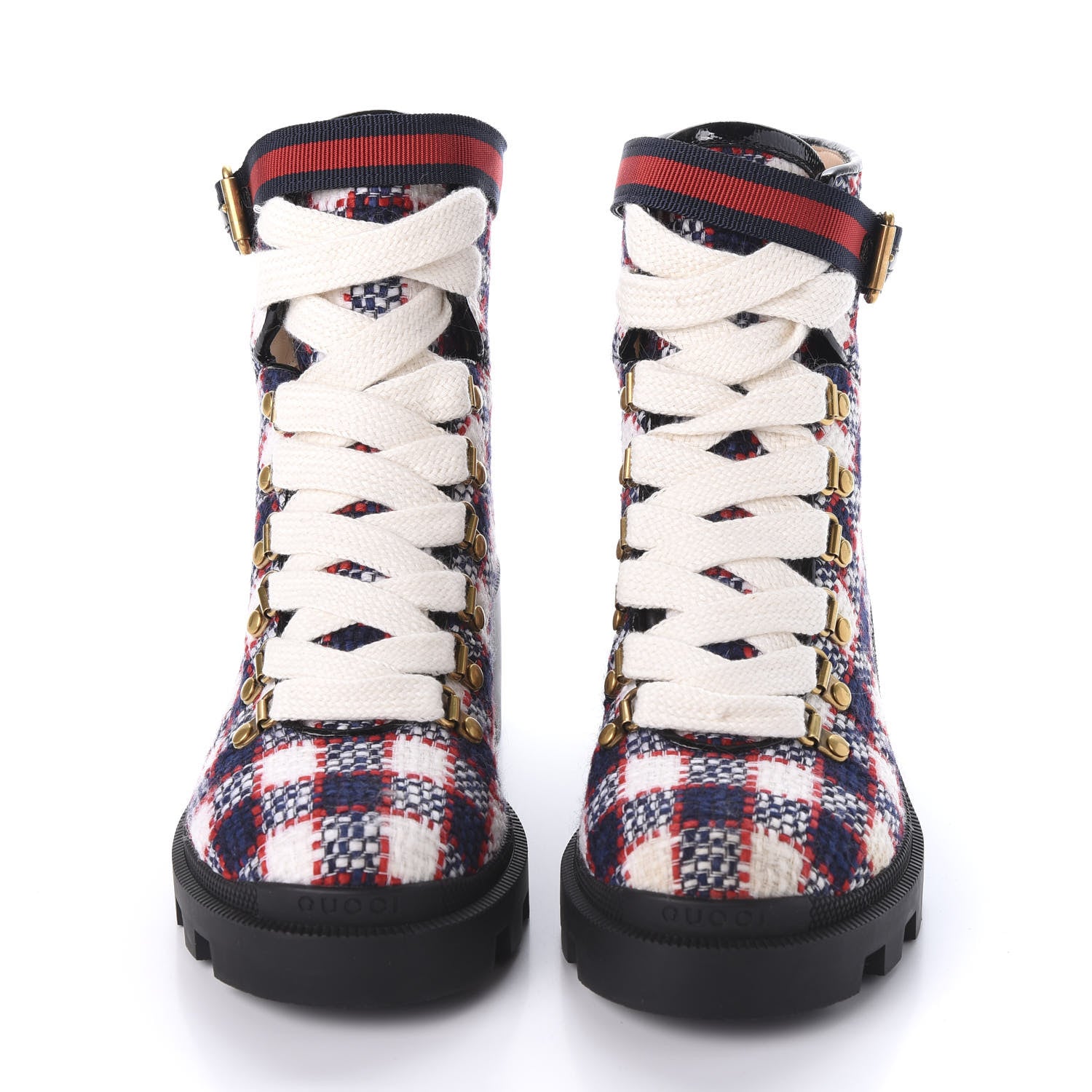 Gucci Vintage Tweed Check Lace Up Combat Ankle Boots 37.5 White Hibiscus Red Marine 2 of 9