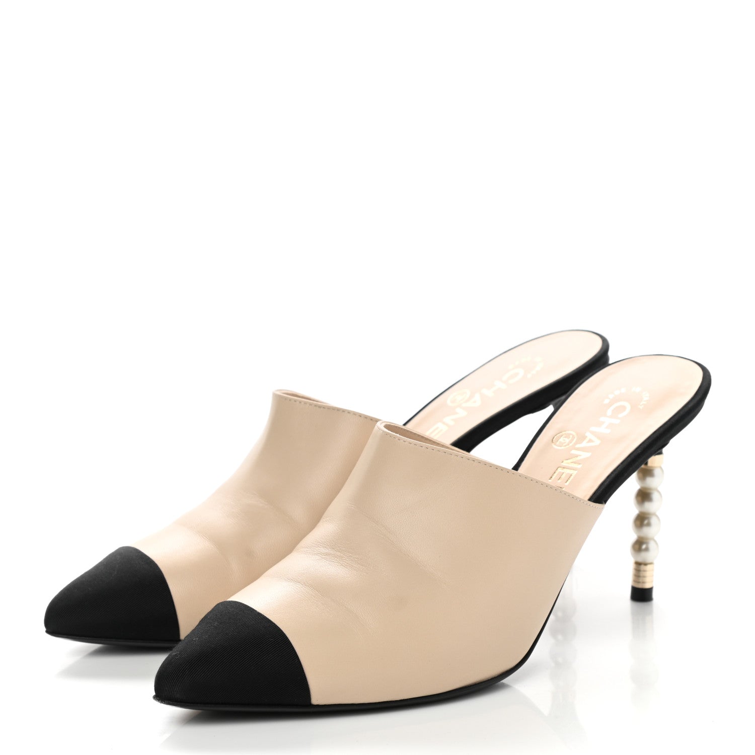 Chanel Lambskin Grosgrain Cap Toe Pearl Mule 40 Beige Black 3 of 9