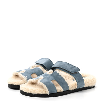 Hermes Suede Goatskin Woolskin Womens Chypre Sandals 39 Bleu Pinede Ecru 3 of 10