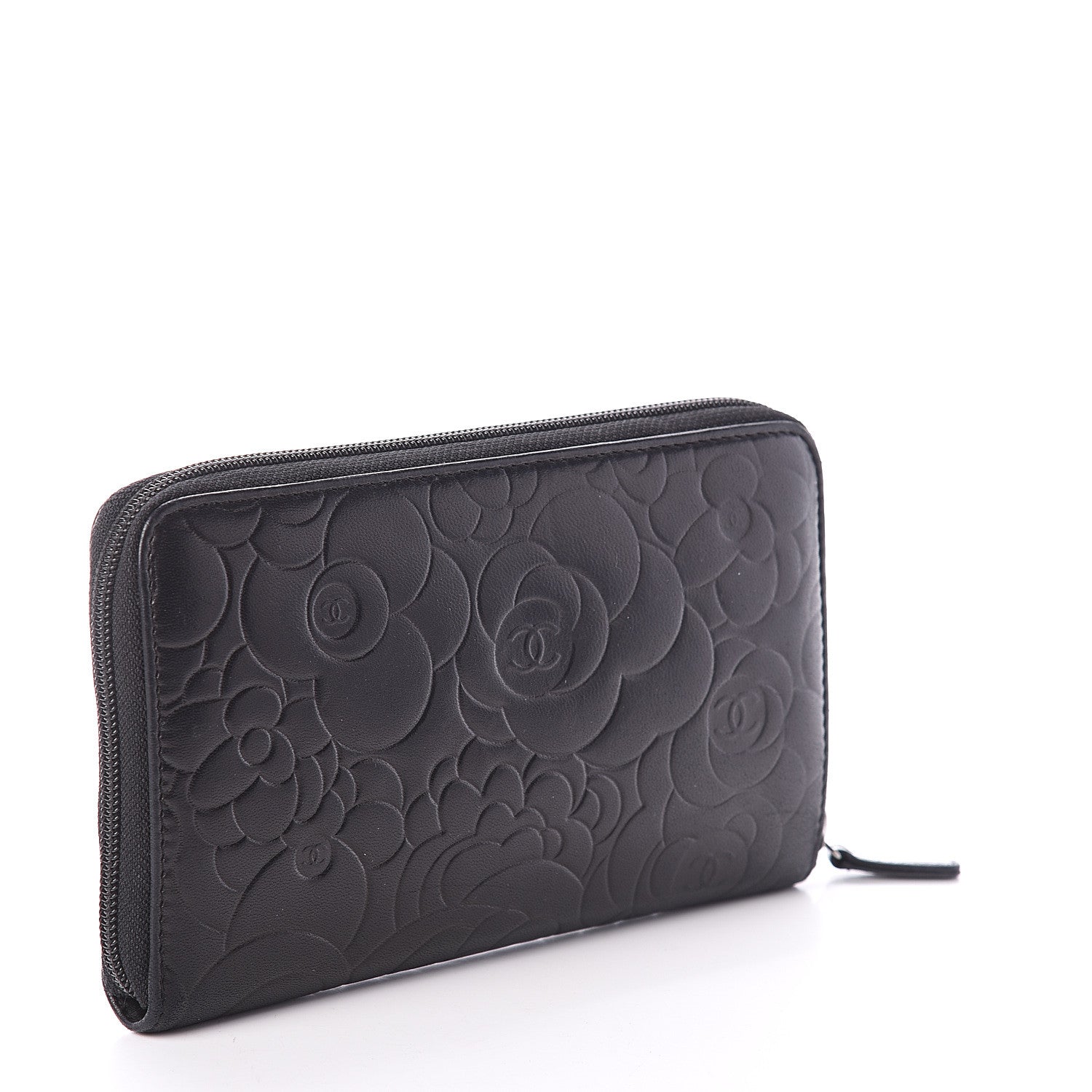 Chanel Lambskin Camellia Embossed Zip Around Organizer Wallet Black 2 of 6