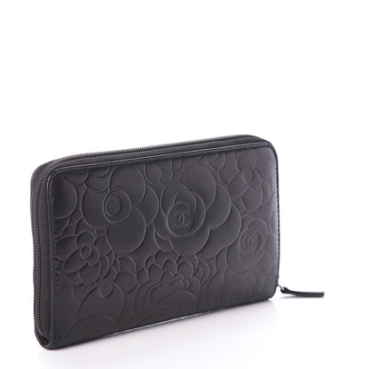 Chanel Lambskin Camellia Embossed Zip Around Organizer Wallet Black 2 of 6