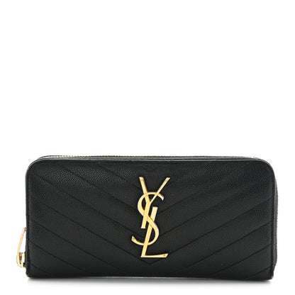 Saint Laurent Grain De Poudre Matelasse Chevron Monogram Zip Around Wallet Black 1 of 14