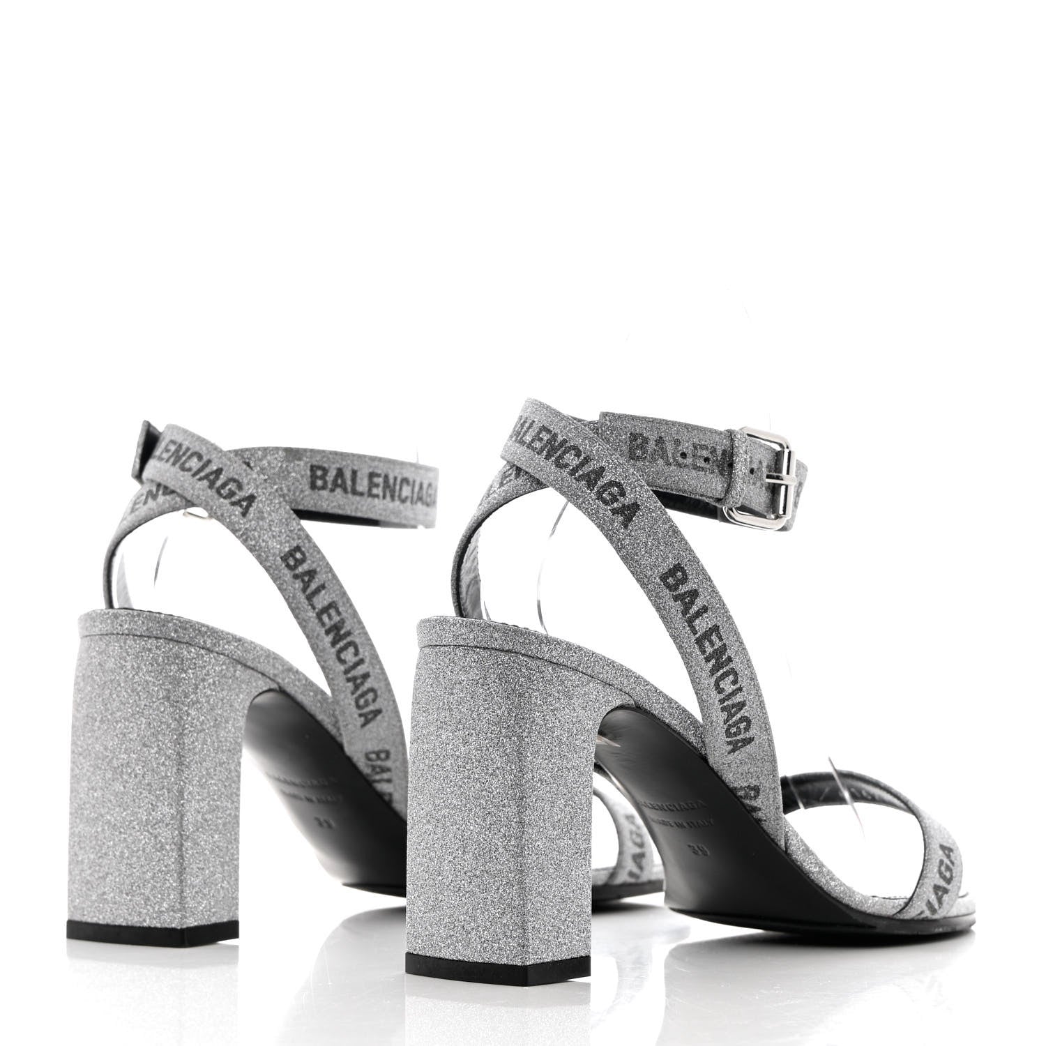 Balenciaga Glitter Allover Logo Ankle Strap Round Heel 80mm Sandals 39 Silver Black 4 of 14