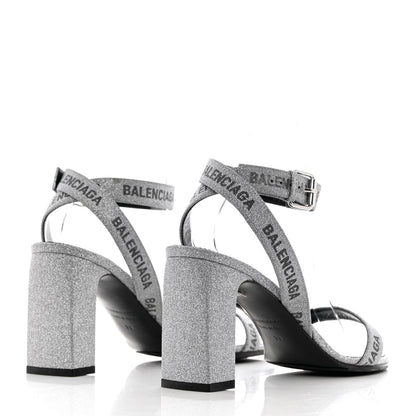 Balenciaga Glitter Allover Logo Ankle Strap Round Heel 80mm Sandals 39 Silver Black 4 of 14