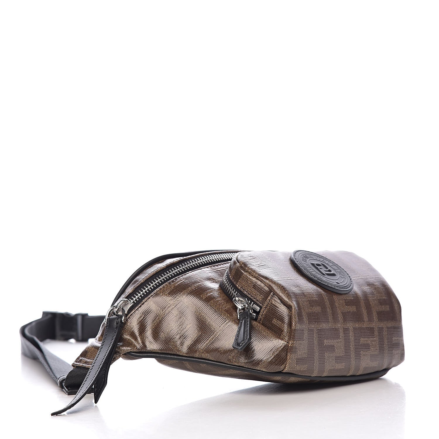Fendi Glazed Fabric Vitello Century FF 1974 Stamp Patch Pocket Belt Bag Mogano Panna Black 4 of 10