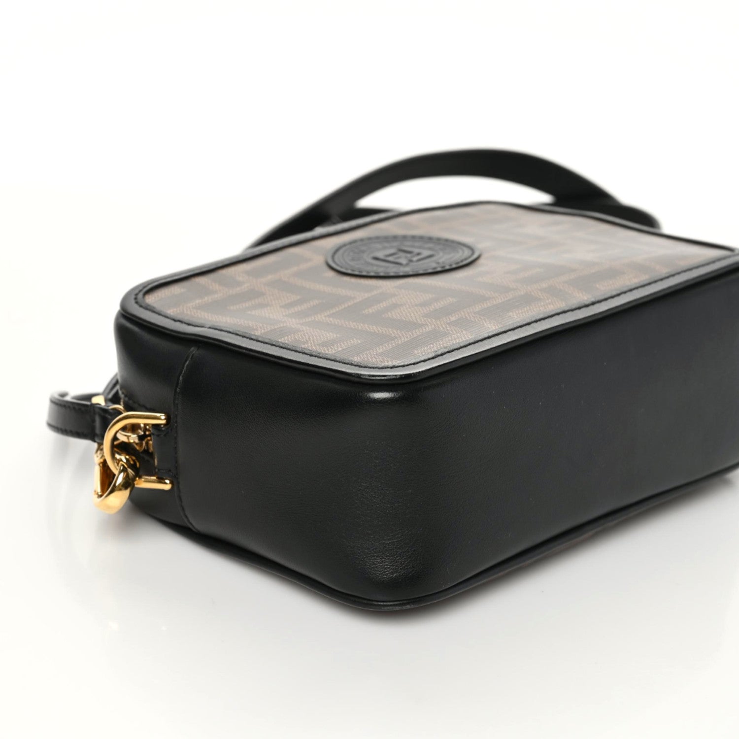 Fendi Glazed Fabric Vitello Century FF 1974 Stamp Patch Mini Camera Case Mogano Panna Black 5 of 9