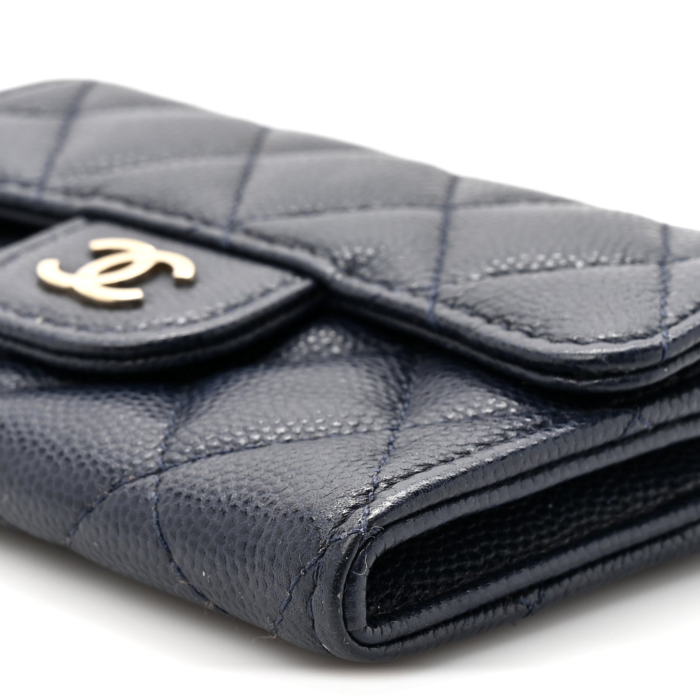 Caviar Quilted Flap Card Holder Wallet Navy Blue