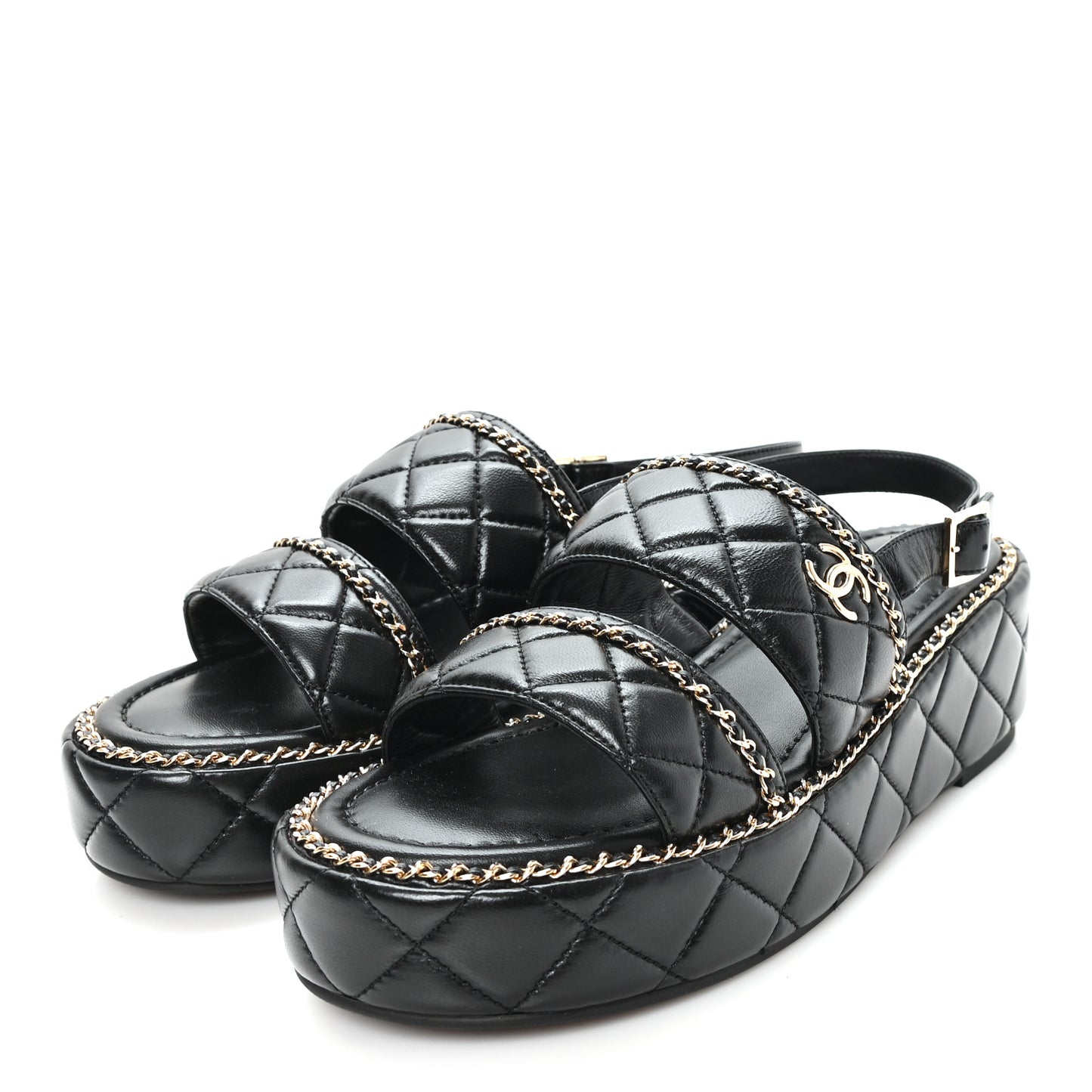 Shiny Lambskin Quilted Chain Around CC Platform Sandals 39 Black