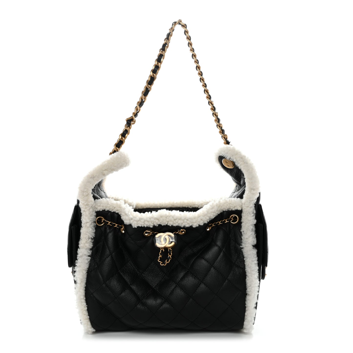 Crumpled Sheepskin Shearling Quilted Small Chanel 25 Handbag Black White