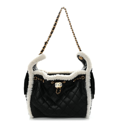 Chanel Crumpled Sheepskin Shearling Quilted Small Chanel 25 Handbag Black White 1 of 11