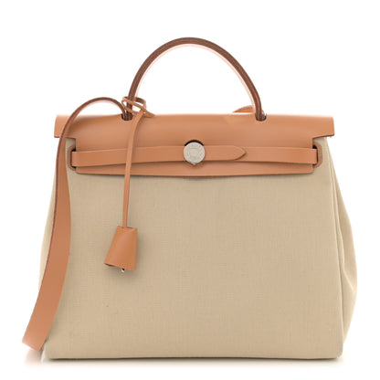 Hermes Military Toile Vache Hunter Herbag Zip Retourne 31 PM Beton Naturel 1 of 17
