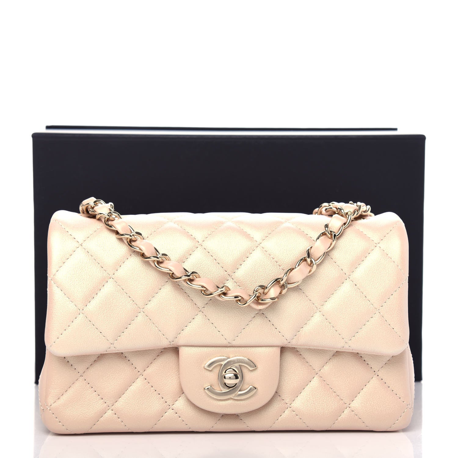 Chanel Iridescent Calfskin Quilted Mini Rectangular Flap Beige