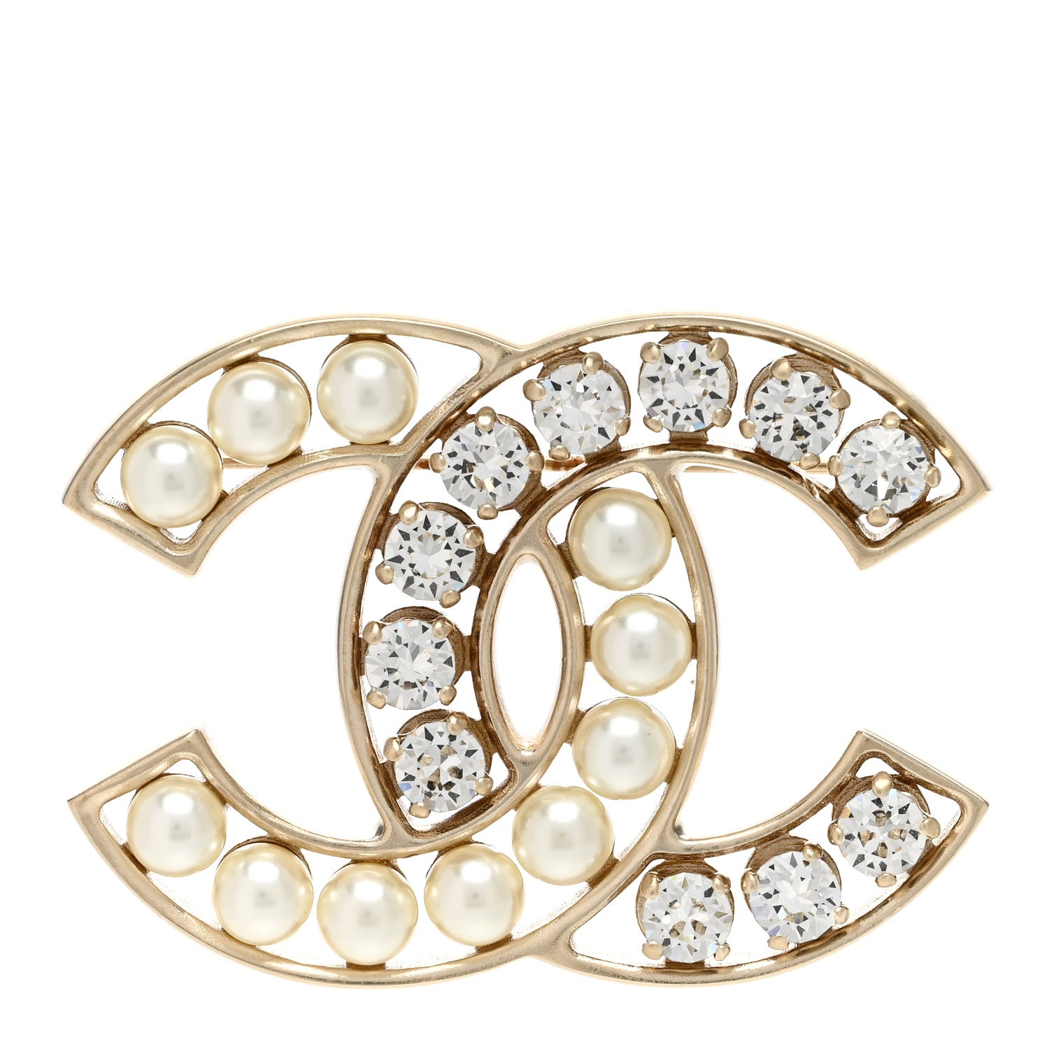 Chanel Pearl Crystal CC Brooch Gold Pearly White 1 of 5