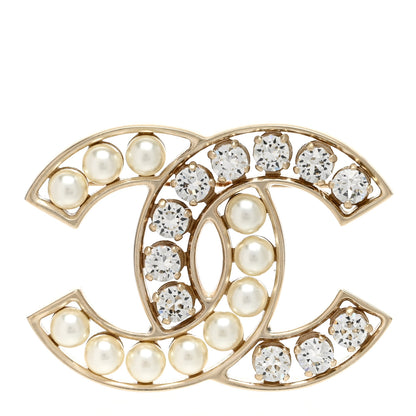 Chanel Pearl Crystal CC Brooch Gold Pearly White 1 of 5