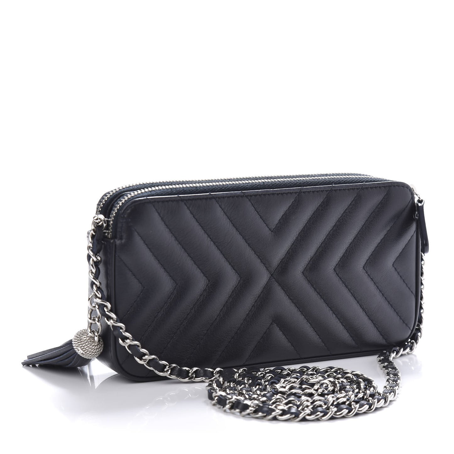 Calfskin Chevron Quilted Tassel Clutch With Chain Navy