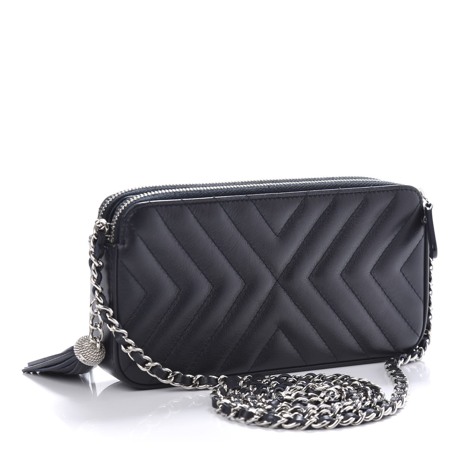 Chanel Calfskin Chevron Quilted Tassel Clutch With Chain Navy 4 of 19
