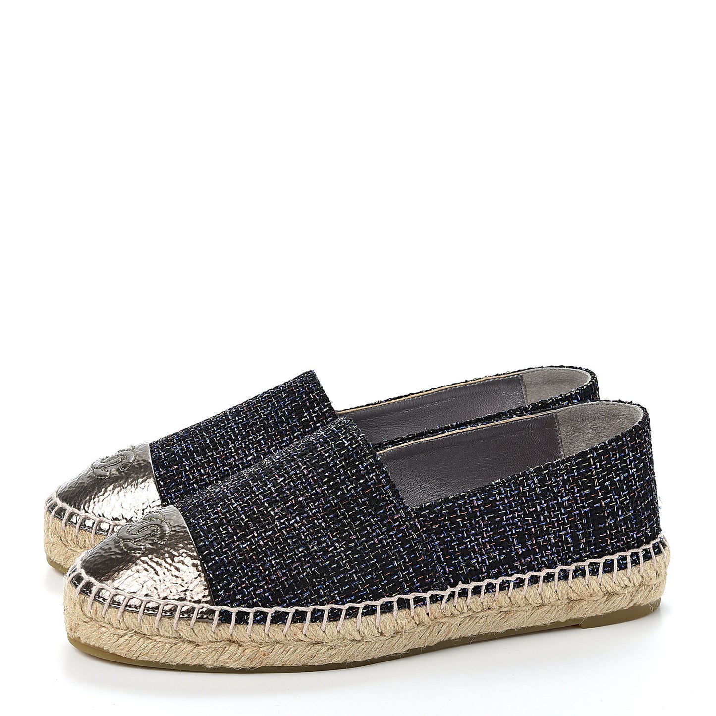 Tweed Patent Goatskin CC Espadrilles 37 Black Pink Yellow Silver