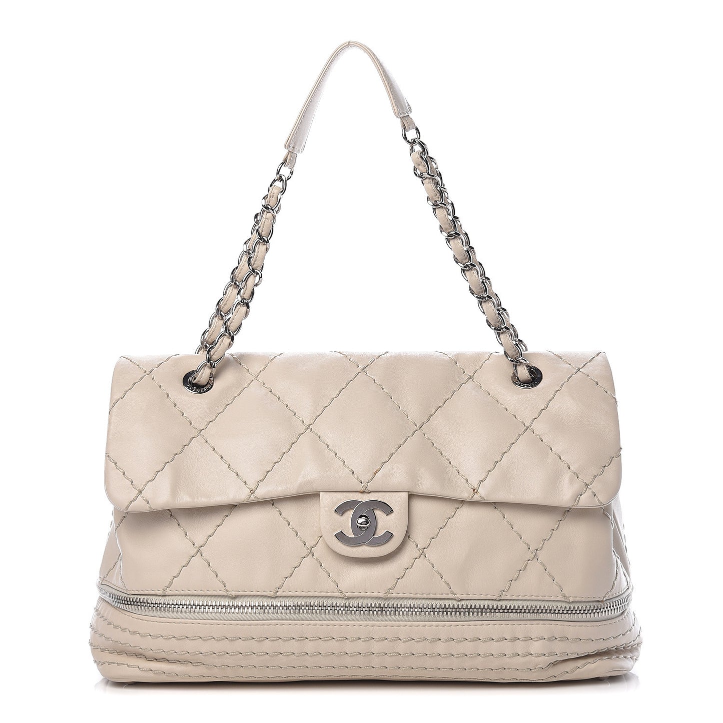 Calfskin Stitched Large Expandable Flap Bag White