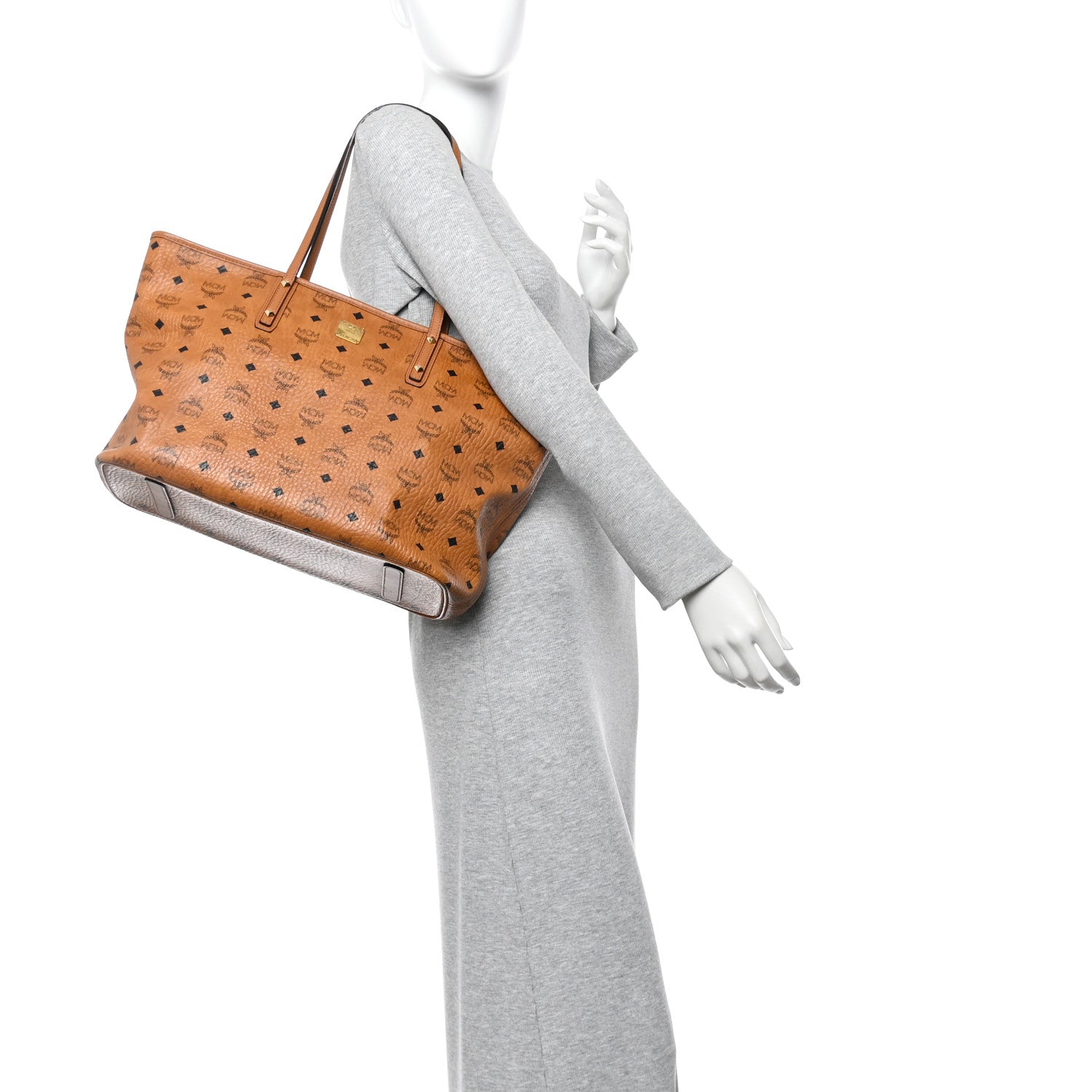 MCM Visetos Medium Anya Top Zip Shopper Tote Cognac 1819511