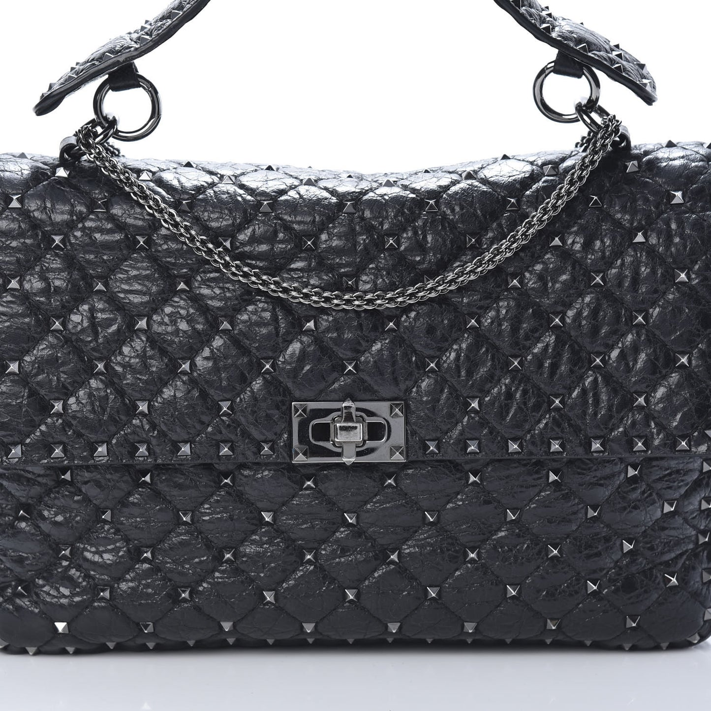 Craquele Nappa Large Rockstud Spike Shoulder Bag Black