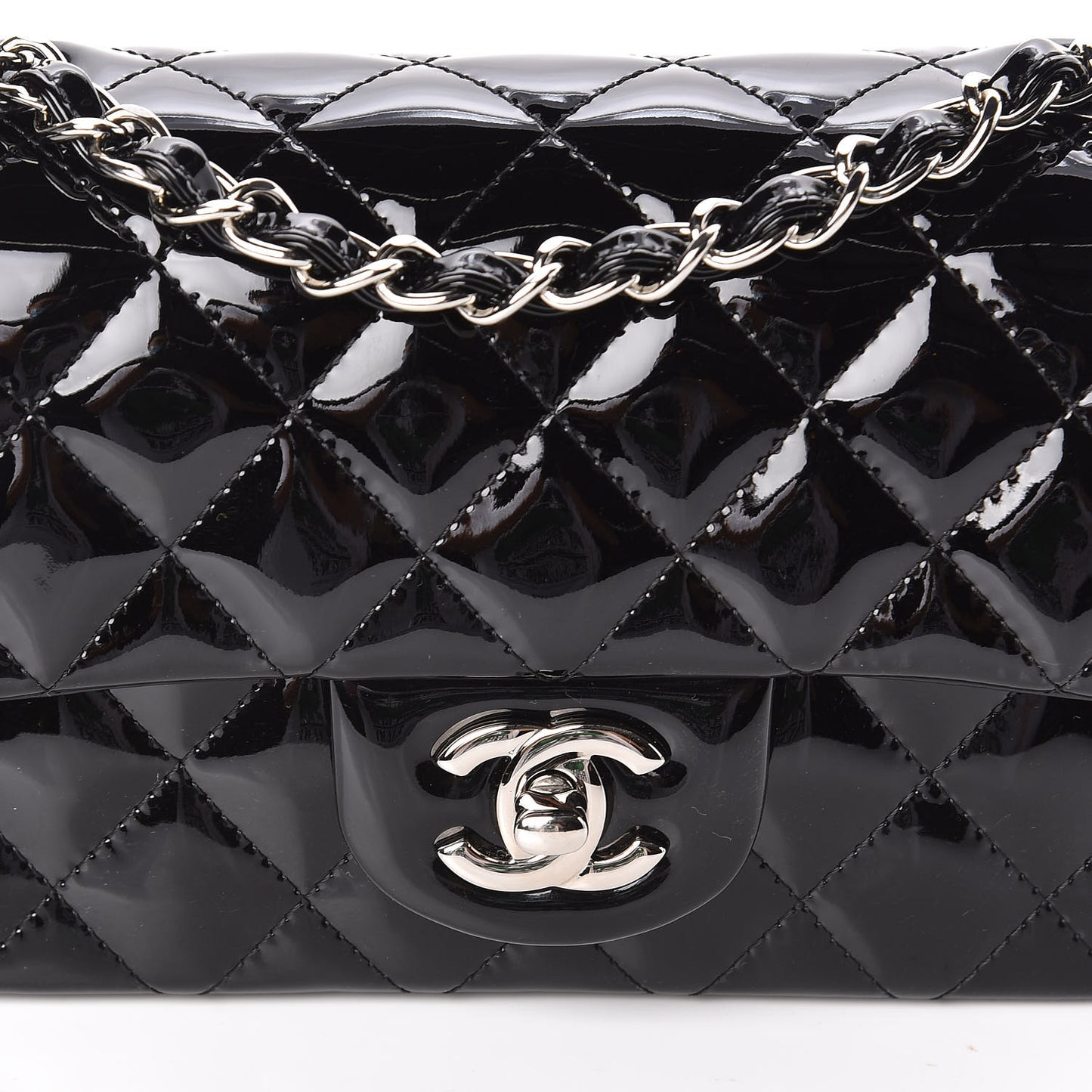 Patent Calfskin Quilted Mini Rectangular Flap Black
