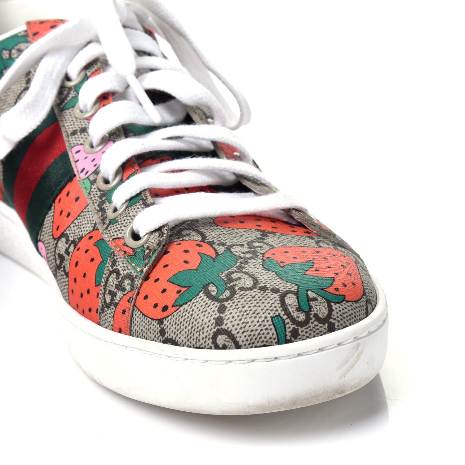 Gucci GG Supreme Monogram Strawberry Web Womens Ace Sneakers 40 Beige Multicolor Red Green 9 of 11