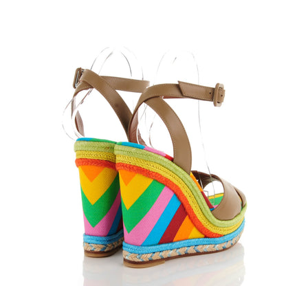 Valentino Garavani Calfskin Canvas Raffia Chevron Print 1973 Espadrille Wedge Sandals 37 Alpaca Multicolor 4 of 7