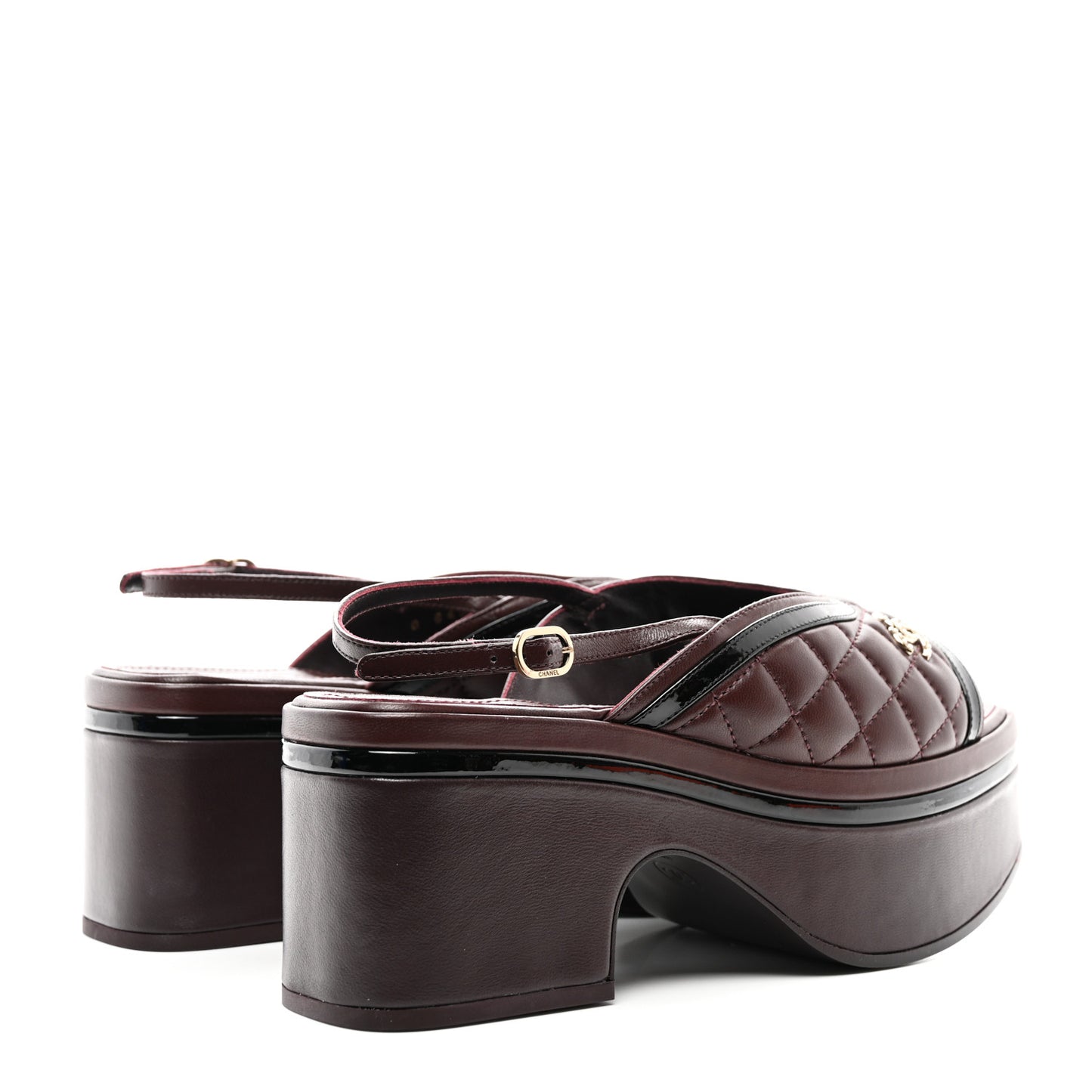 Lambskin Patent Calfskin Quilted CC Platform Slingback Sandals 38 Burgundy Black