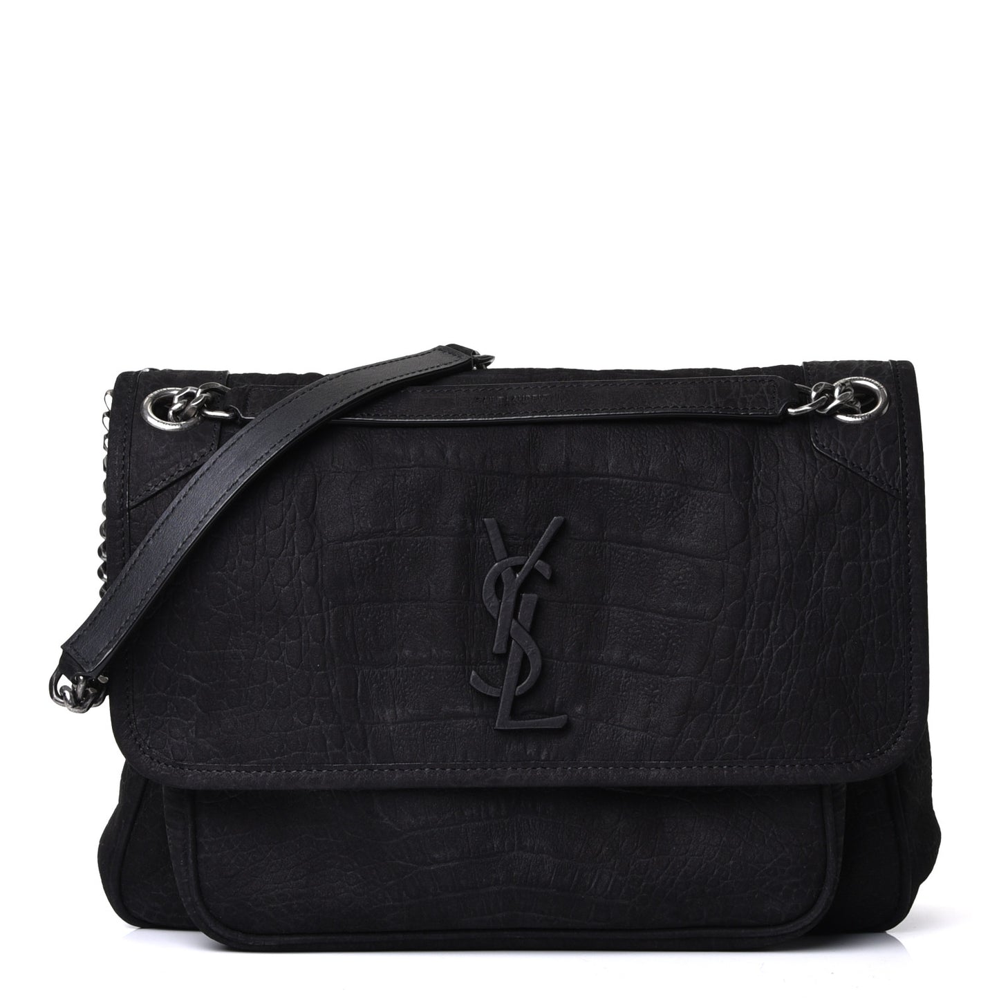 Nubuck Crocodile Embossed Monogram Medium Niki Chain Satchel Black